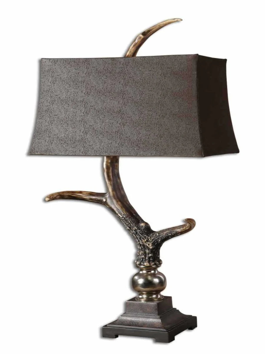 Stag Horn Table Lamp with bone ivory antler-style base, chocolate suede rectangular shade, and rustic wood-tone details.