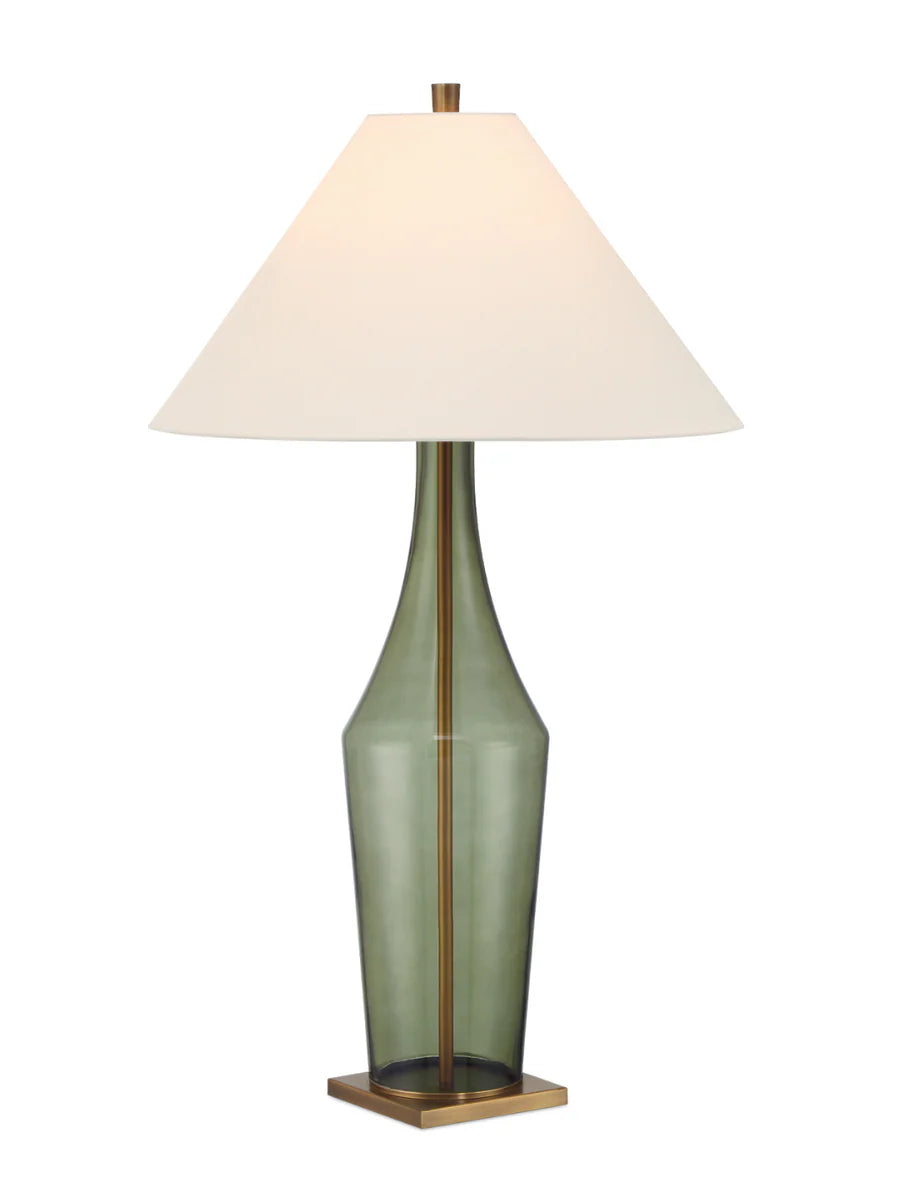 “Antique Olive Green Table Lamp with transparent bottle-shaped glass base and antique brass hardware – elegant and timeless home lighting”