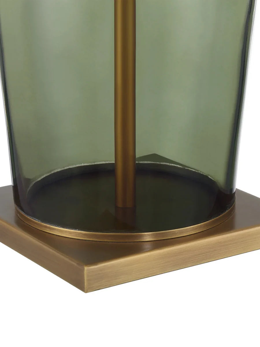 “Antique Olive Green Table Lamp with transparent bottle-shaped glass base and antique brass hardware – elegant and timeless home lighting”
