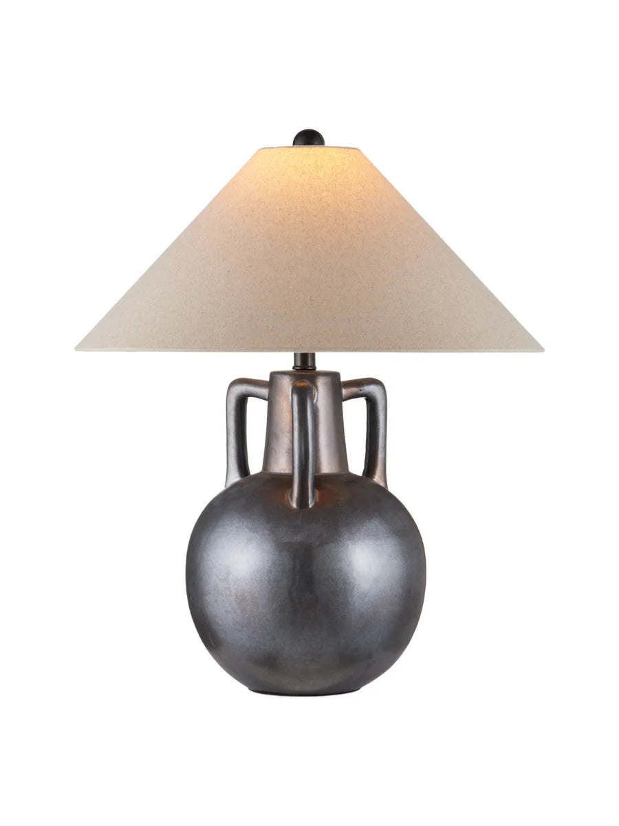 Jug-shaped gray ceramic table lamp with reactive glaze finish, bronze accents, and a classic empire shade.