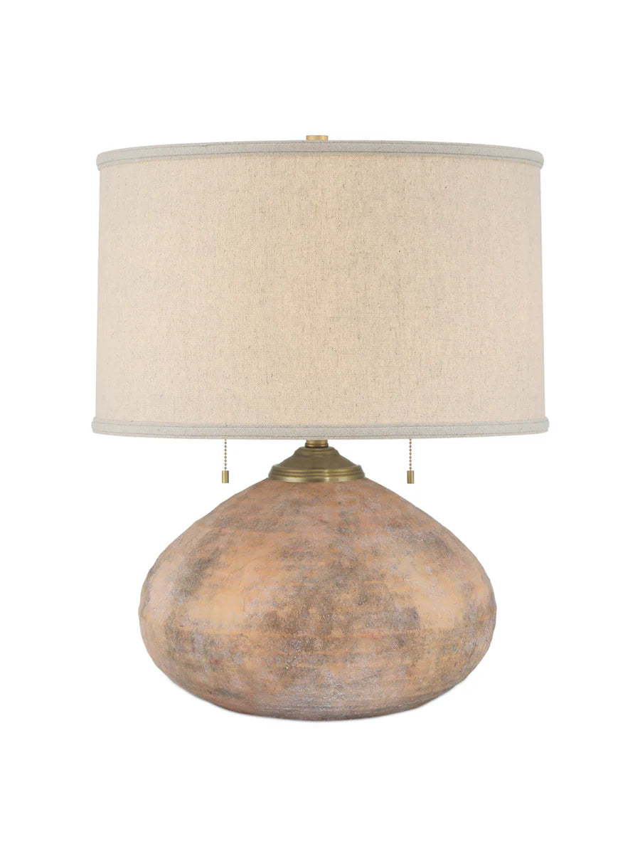 Terracotta Kenmare Table Lamp with antique brown textured glaze and ribbed detailing, paired with a layered fabric shade – perfect for rustic or vintage home decor.