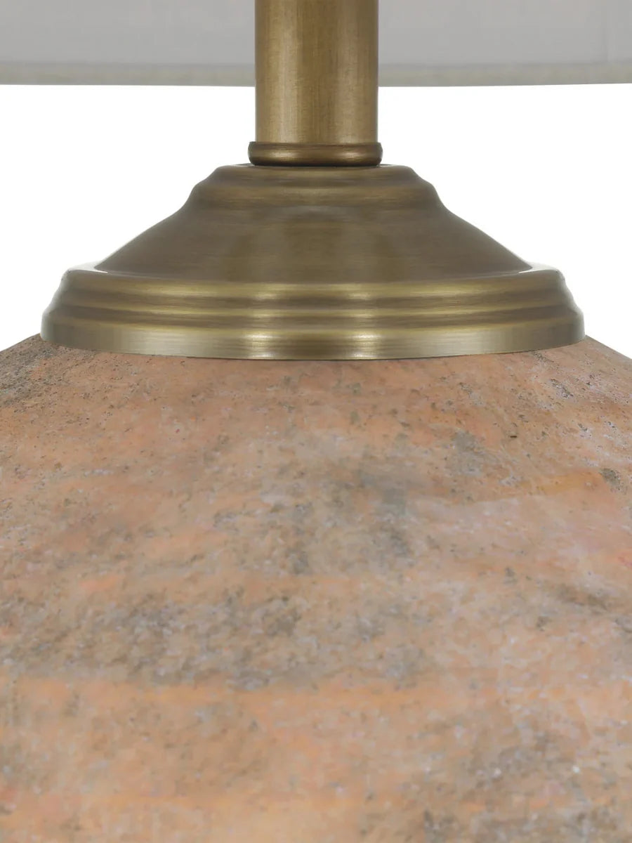 Terracotta Kenmare Table Lamp with antique brown textured glaze and ribbed detailing, paired with a layered fabric shade – perfect for rustic or vintage home decor.