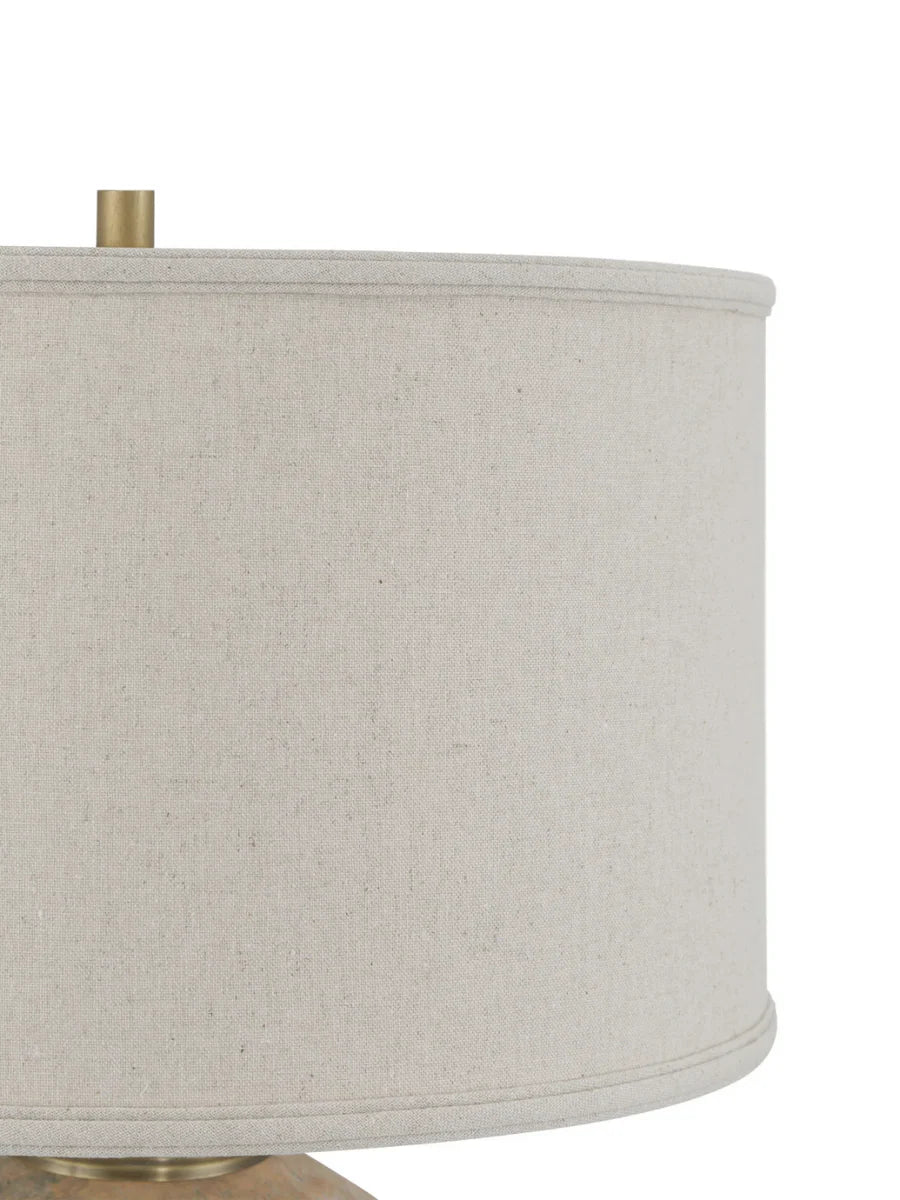 Terracotta Kenmare Table Lamp with antique brown textured glaze and ribbed detailing, paired with a layered fabric shade – perfect for rustic or vintage home decor.