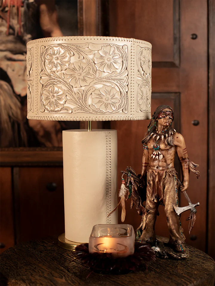 Toledo Saddle Stitch Leather Lamp – Cream Base & Embossed Leather Shade