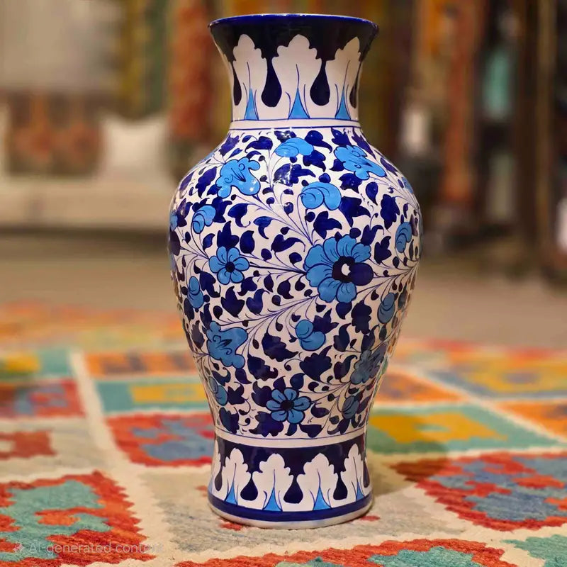 Body Shape Blue Flower Vase Ceramic Handcrafted and Handpainted