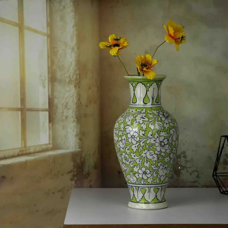 Green Large Flower Vase Handpainted Intricate Patterns 43 cm