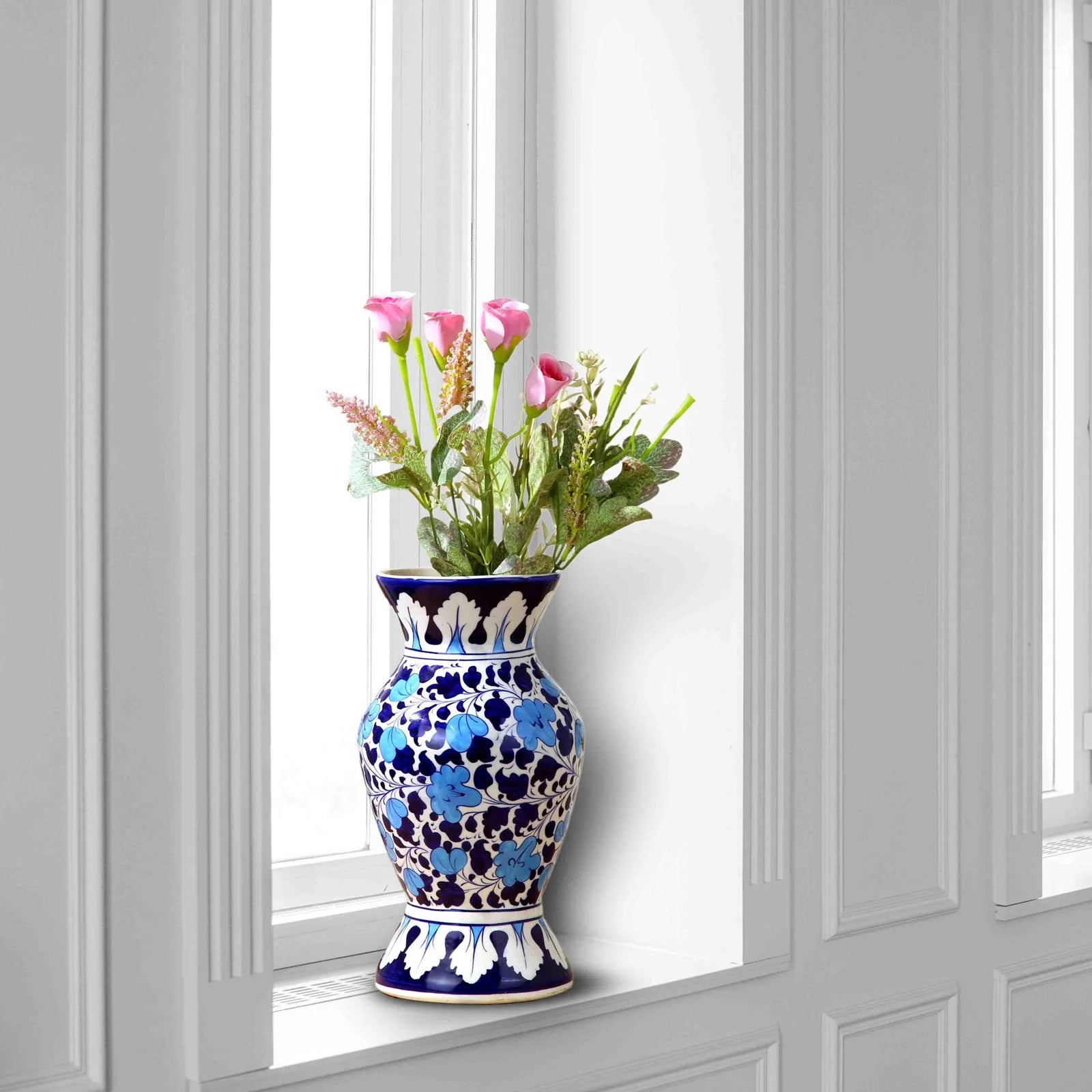 Amphora Vase Handcrafted and Handpainted in Blue Pottery 33 cm